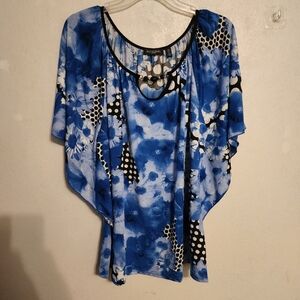 Notations Butterfly Sleeve Multicolor Blue Black White Top Size 1X NWT
